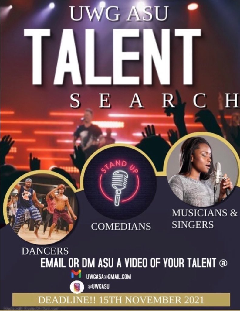 UWG_ASU's tweet photo. Are you ready to showcase your talent? If so Dm or email ASU by November 15th with a video of you dancing 💃🏾 singing 🎤etc. You will get to show of your talent at the UWG ASU 2021 Gala Night! #uwg #asu #uwgasu https://t.co/dEeQZdT5pP