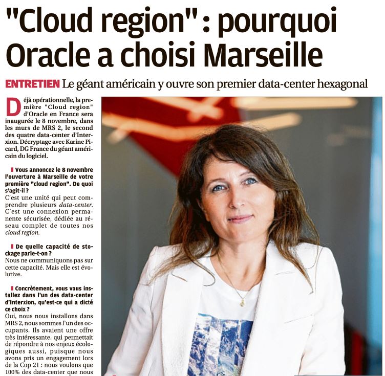 Pour @KarineP_Oracle, DG <a href="/Oracle_France/">Oracle France</a>, l'ouverture du 1er #datacenter <a href="/Oracle/">Oracle</a> en 🇫🇷 répond aux enjeux de souveraineté des #data et à une forte migration des clients existants vers le #Cloud.
#TransfoNum #Marseille

ITW à lire en intégralité v/<a href="/laprovence/">La Provence</a>
laprovence.com/article/econom…