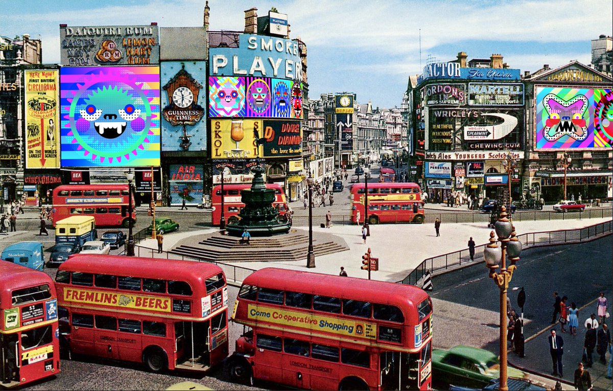 Cheeky Tikis spotted in Piccadilly Circus, 1960s London… proving their powers of time travel and mischief making know no bounds! #NFT #NFTiki #London #PicadillyCircus