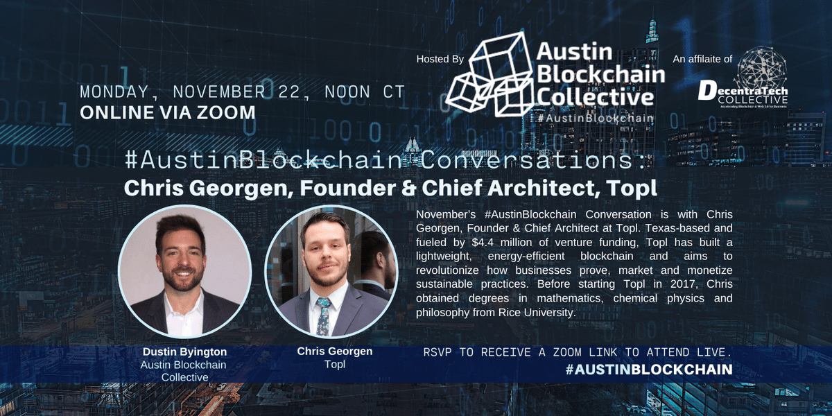 atxblockcollect's tweet photo. Our #AustinBlockchain Conversations series continues on 11/22, Noon CT with Chris Georgen, Founder/Chief Architect, @topl_protocol, one of #Texas' leading #blockchain startups. He'll be talking the Collective's Dustin Byington. RSVP:
https://t.co/ZNkxtV2LYU #Baas #AustinTech #ATX https://t.co/UiodO89P0j