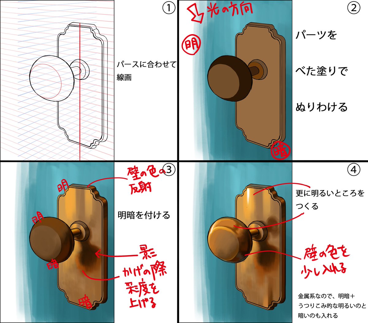 金属的ドアノブの描き方 