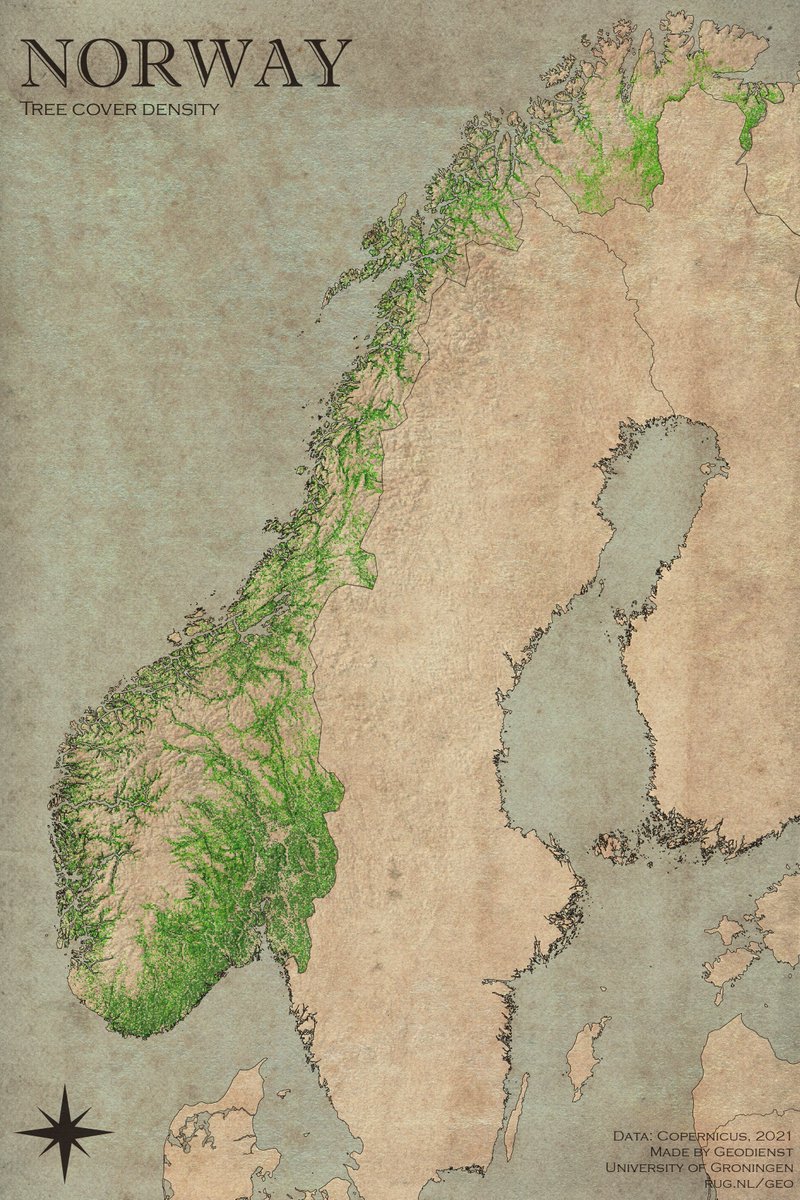 Themakaart!

Na aanleiding van "het einde" aan ontbossing nos.nl/collectie/1387… en vanwege de link met Noorwegen  sikkom.nl/incoming-vaste… ontwierpen we deze "tree cover" map van de actuele bomenstand van Noorwegen met een vintage twist. 

Enjoy
#maps #data #Sustainability