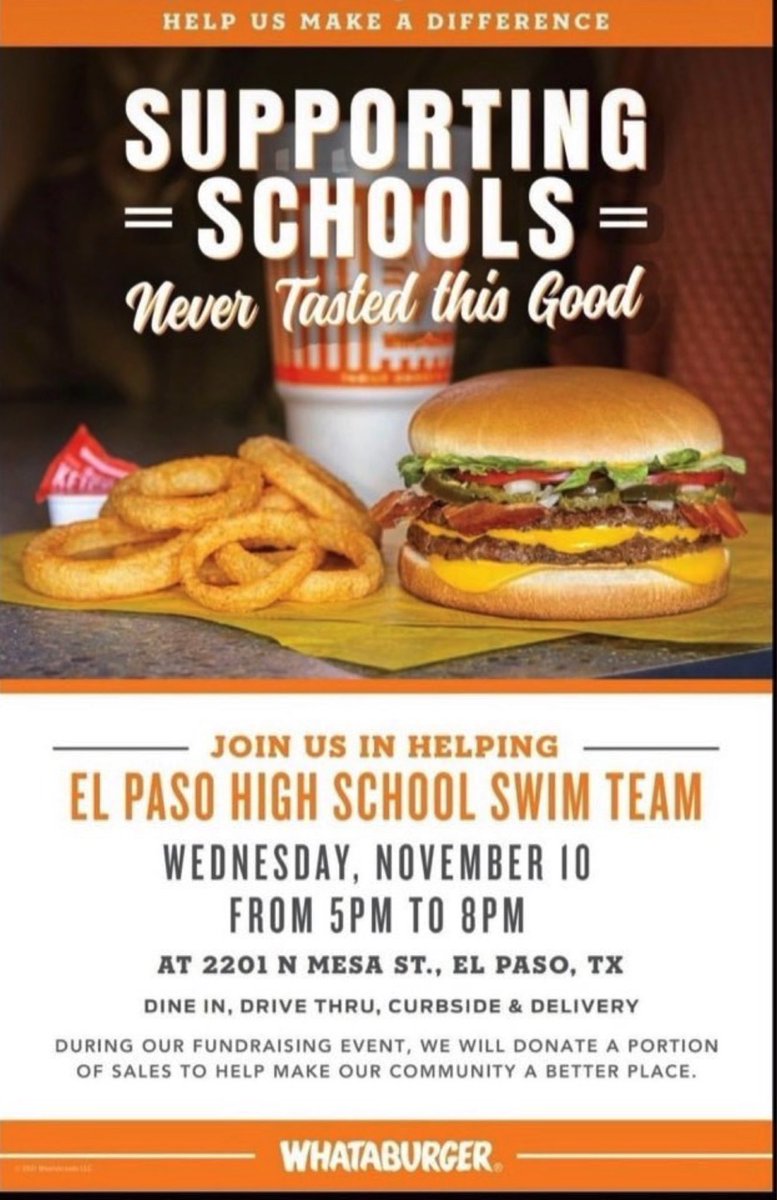 EPTigerCheer's tweet photo. Let support Tiger Swim next Wednesday at Whataburger! 🍔 #showyourspirt 🧡🖤🤍🐯📣🧡🖤🤍 https://t.co/AFgPDYrUMi