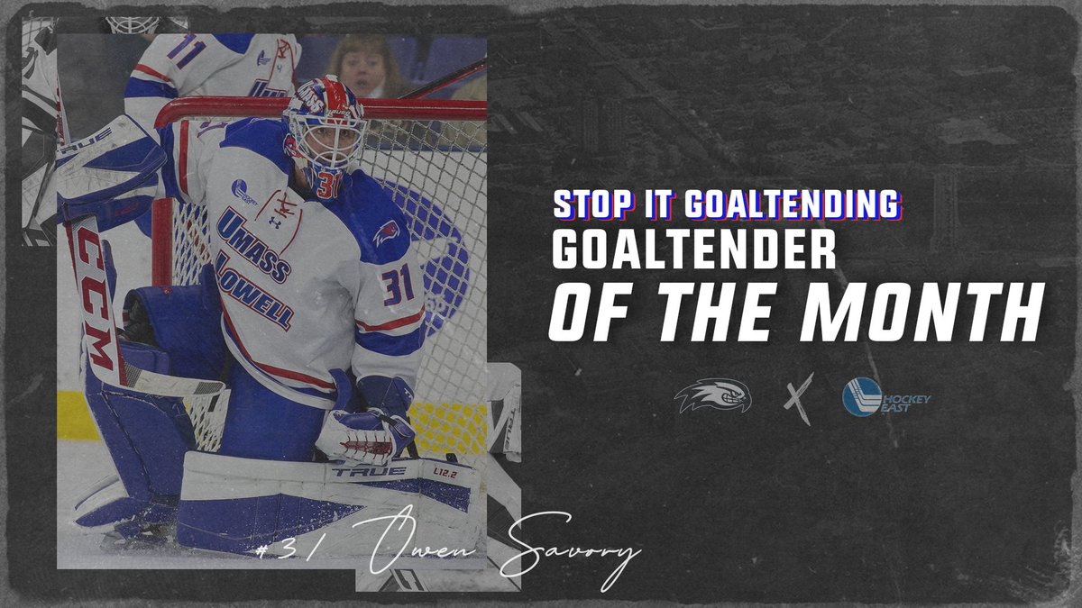 RiverHawkHockey's tweet photo. Have an absolute WEEK, @Owen_Savory35! 

After an undefeated October &amp; bringing in Goaltender of the Week honors, Savory has ALSO been named the @StopItGoalies Men's Goaltender of the Month! 

🔗: https://t.co/VfsEm69kXY

#UnitedInBlue | #HockeyEast https://t.co/ShtlEBKu2N