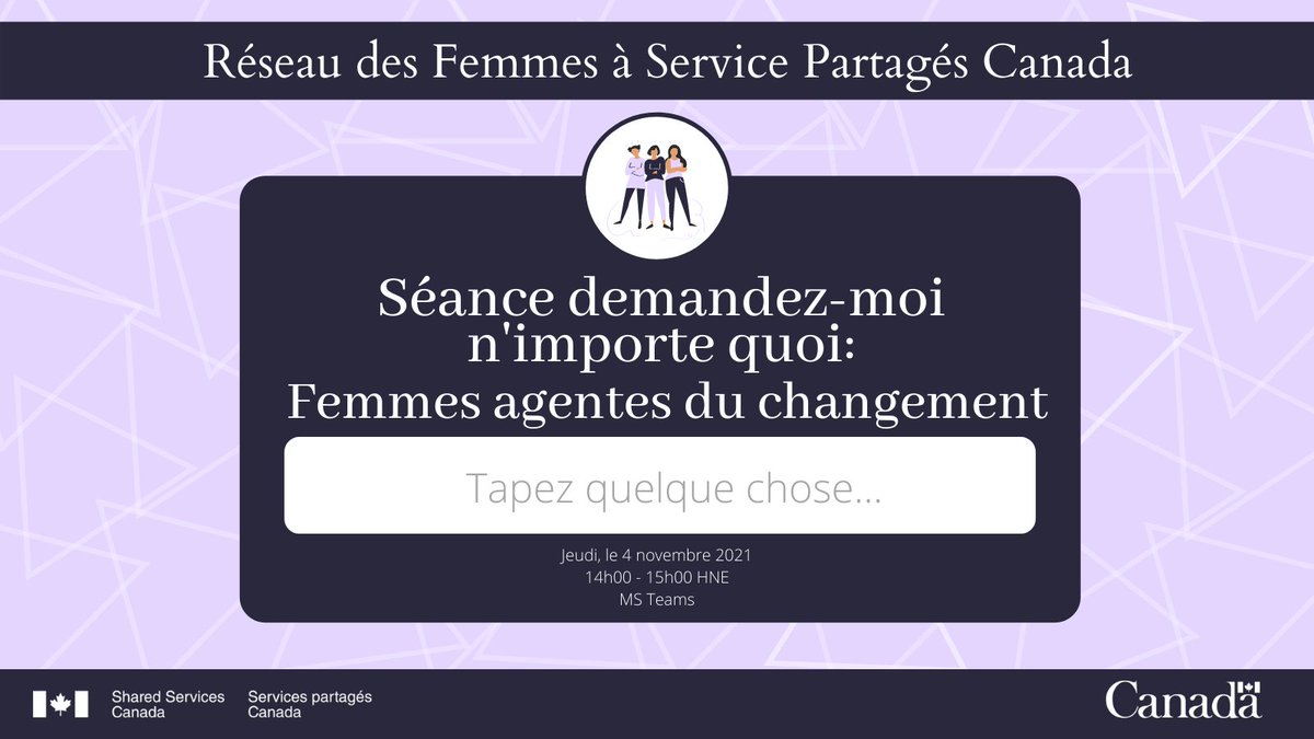 Je suis ravie d'annoncer la session inaugurale Demandez-moi n'importe quoi de notre réseau de femmes @SPC_CA ! Le jeudi 4 novembre de 14h00 à 15h00 HNE, je me joindrai à deux femmes incroyables pour répondre à toutes vos questions sur le fait d'être une #FemmeLeader à SPC !