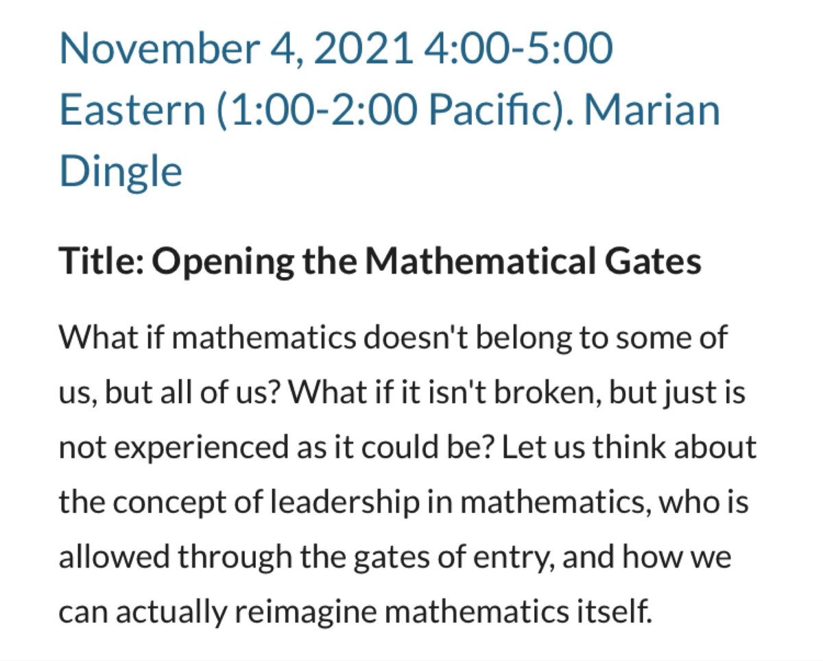 thewordninja_bk's tweet photo. Join us 11/4 1-2pm Pacific for Talk Math With Your Friends featuring @DingleTeach: Opening the Mathematical Gates. @TMWYFriends @maanow @amermathsoc @MathAMATYC @TheSIAMNews @sacnas @todosmath @NCTM @AMTENews @nam_mathematics @tpsemath #TMWYF

Zoom&amp;Sched:
https://t.co/DvvNTgeNe8 https://t.co/vnt5Dl9pR2