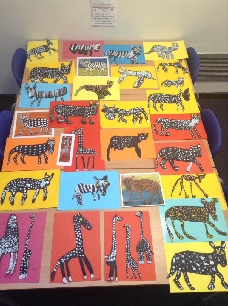 BatleyClass2's tweet photo. We have been learning about Edward Tingatinga and created our own pictures of African wildlife in his famous style.🦁🐯 https://t.co/SAj1o7lrPA
