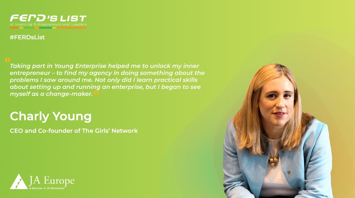 JA_Europe's tweet photo. @young_charlotte is CEO and Co-founder of @TheGirlsNet, a charity that provides girls from the least-advantaged communities across England with a female mentor and a network of professional female role models.   

Congratulations Charly for being a #FERDsList honouree!

#Gen_E https://t.co/7dRRhJBQrp