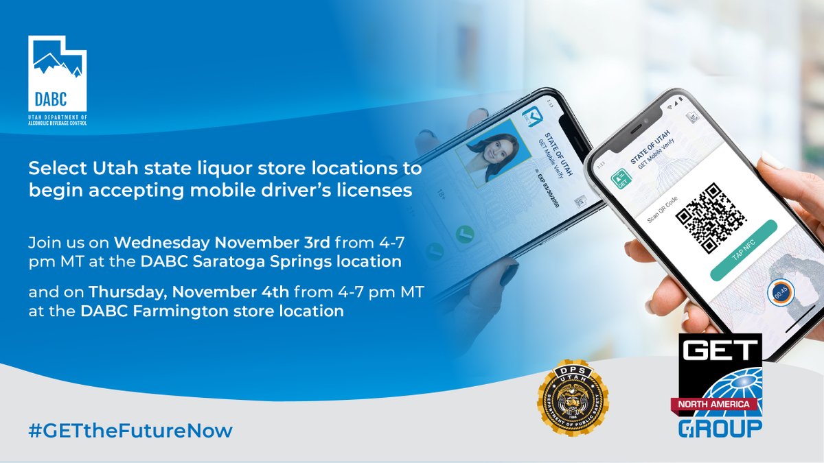 GETGroupNA's tweet photo. Join us today at @UTDABC Saratoga Springs from 4-7 pm to receive your #mDL from our team and @UtahDLD. Can’t make it out today? We’ll be back tomorrow at DABC Farmington from 4-7! #GETtheFutureNow https://t.co/xQToPlhRUR