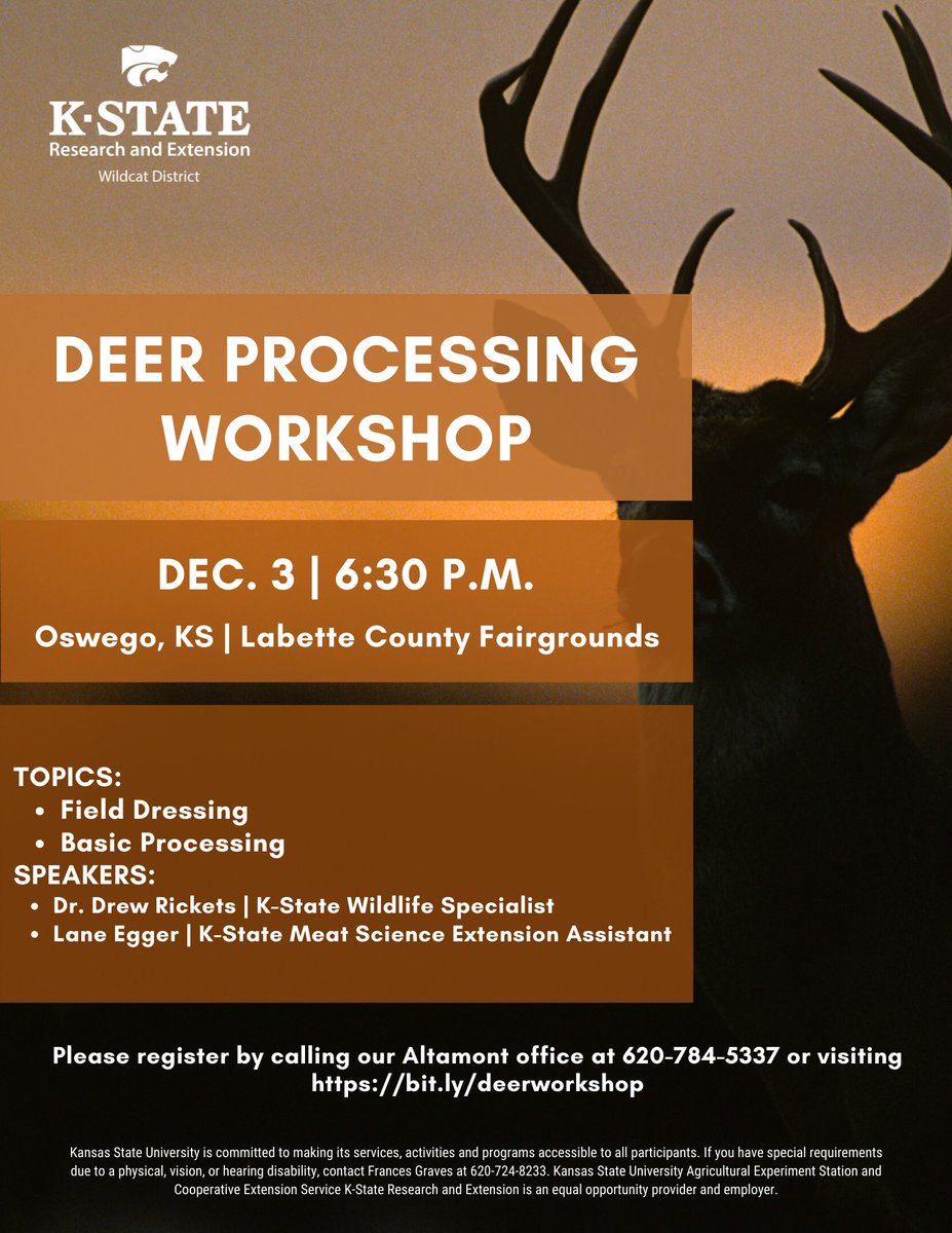 Wildcat_Ext's tweet photo. Topics for our upcoming Deer Processing Workshop include Field Dressing and Basic Processing - join us on December 3rd for this free event! 🦌

To register: call 620-784-5337 or visit https://t.co/IjGah7GVsF https://t.co/09rL7FUqLp