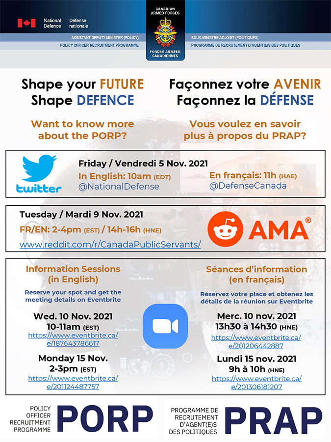 RAS_NSA's tweet photo. Attention, students and young professionals interested in #security: @NationalDefence will soon launch its next competitive process for the Policy Officer Recruitment Programme (#PORP). For more details, attend the information sessions on November 10th and 15th! https://t.co/F2XPvaIfDQ