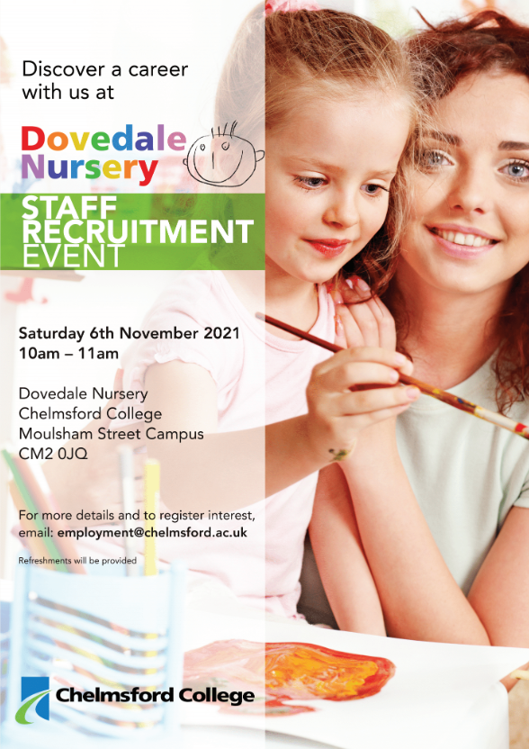 Dovedale Nursery, part of the Chelmsford College Group, is hosting a Staff Recruitment Event!
It’s the perfect event for you to discover a rewarding &amp; exciting career with Dovedale Nursery😊
For further details, please e-mail: employment@chelmsford.ac.uk
#essexjobs #nurseryjobs