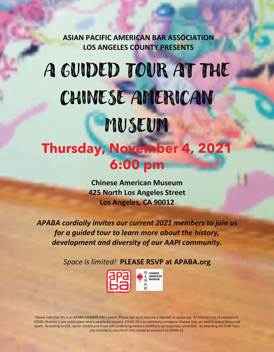 Join APABA for a guided tour of the Chinese American Museum on Thursday (11/4) at 6 p.m.!  Space is limited. To RSVP, please visit apaba.org/event-4523002.  We hope to see you there!
#chineseamericanmuseum #community