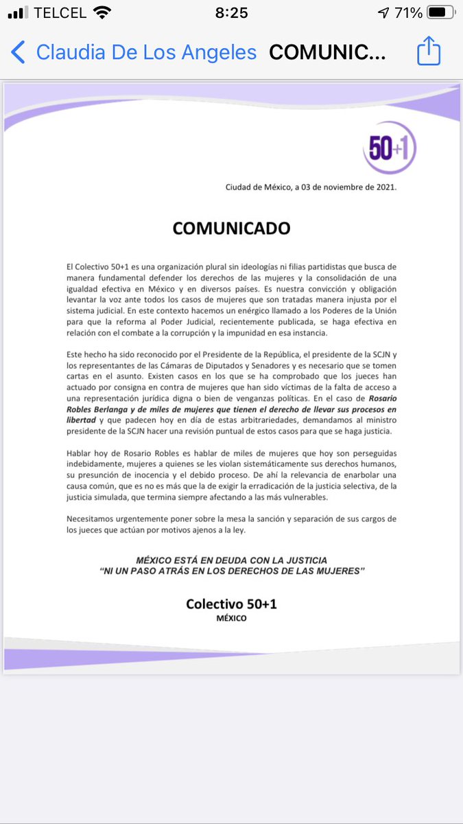 En el Colectivo #50más1 hacemos un llamado a las autoridades competentes para que se apeguen a la Ley en el caso de <a href="/Rosario_Robles_/">Rosario Robles</a>  ya que tiene derecho a llevar su proceso en libertad, demandamos a la <a href="/SCJN/">Suprema Corte</a> se haga puntual revisión a este caso.
#ConstruyendoSororidad