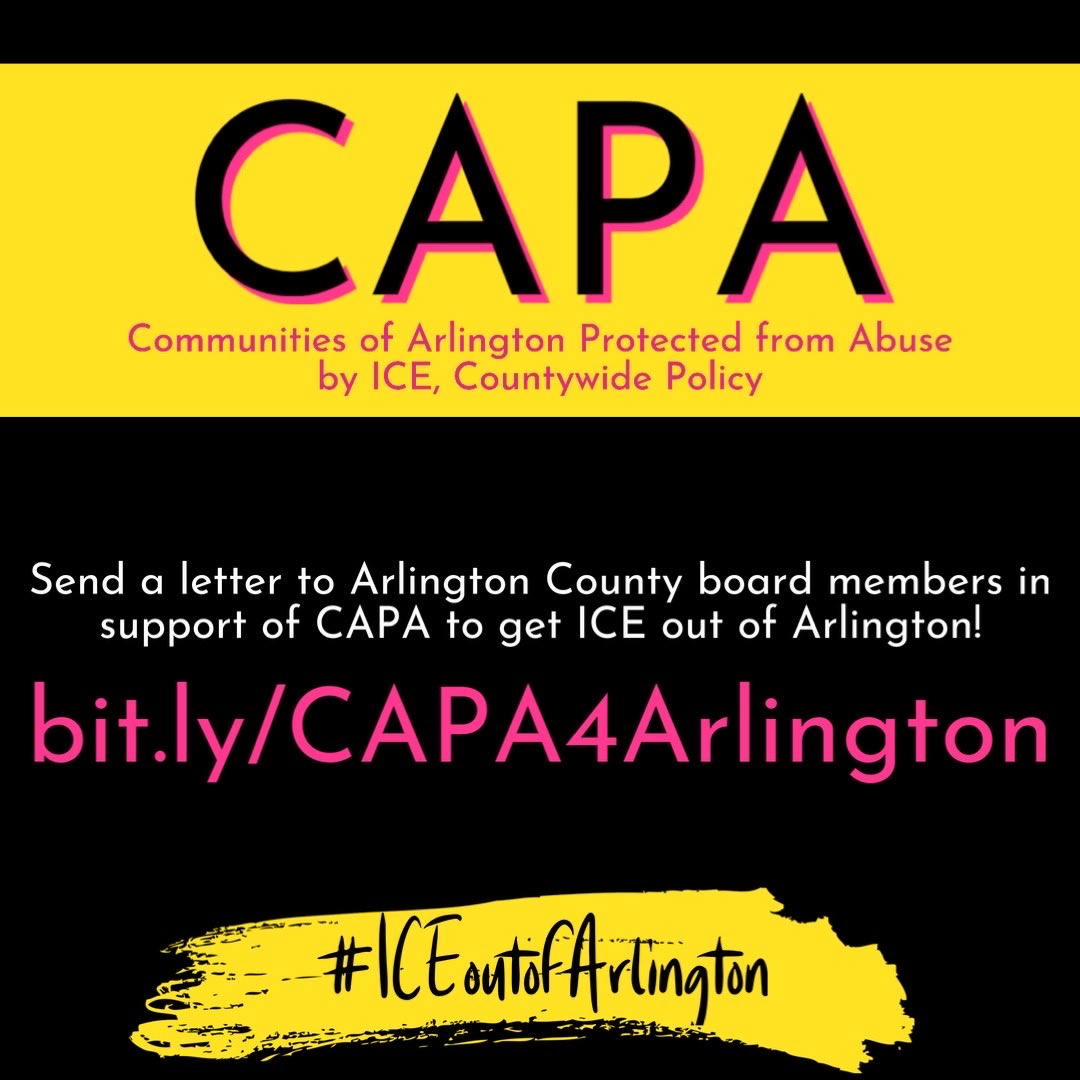 LaColectiVA703's tweet photo. Support the Communities of Arlington Protected from Abuse by ICE (CAPA) policy to get #ICEoutofArlington!

Arlington Co has a feedback form for the framework they published - https://t.co/PmB962lRh3

Use sample responses in support of CAPA! available here https://t.co/rcnDjMa6ia https://t.co/88BuNl54A3
