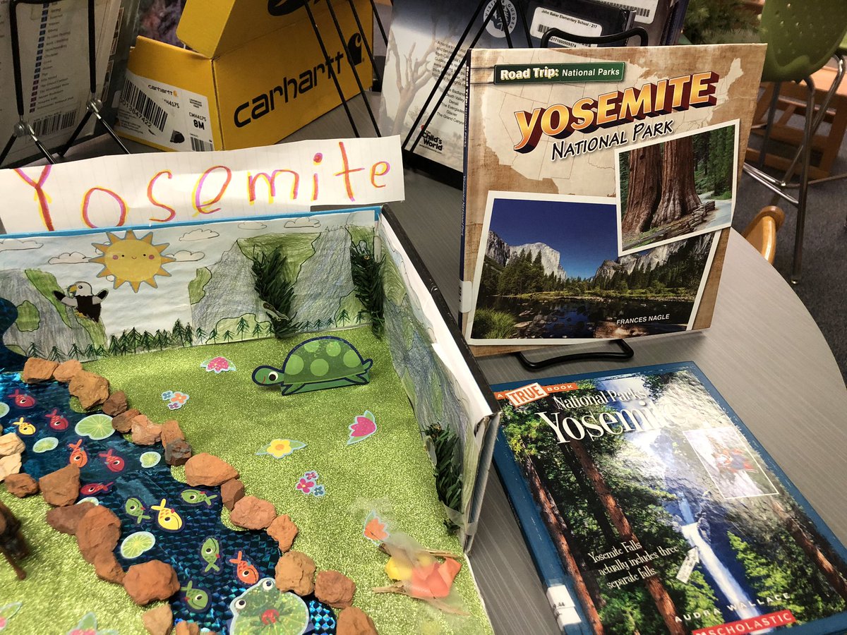 trickienickel's tweet photo. @JohnBakerLib gets jazzed up w Mrs Shoemaker’s 4th gr national park dioramas. @trickienickel @JBES217 #nmschoollibrarians @apslibs https://t.co/sGJ7KSwc5Y