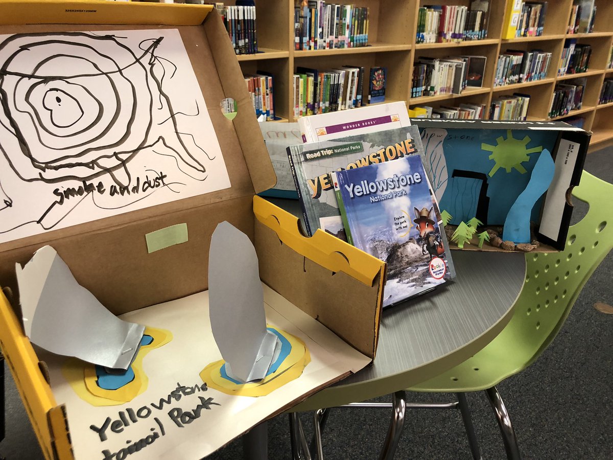 trickienickel's tweet photo. @JohnBakerLib gets jazzed up w Mrs Shoemaker’s 4th gr national park dioramas. @trickienickel @JBES217 #nmschoollibrarians @apslibs https://t.co/sGJ7KSwc5Y