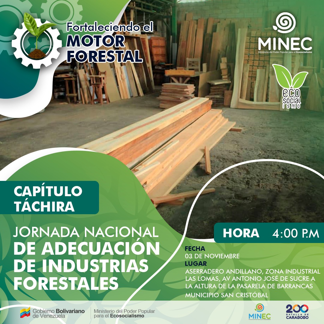 waltherchacon's tweet photo. #MotorForestalActivo | ¿Eres trabajador del sector maderero? ¡Esta es tu gran oportunidad! Estaremos este #3Noviembre en el municipio #SanCristobal, Edo. #Tachira con la Jornada Nacional de Adecuación de #IndustriasForestales. Te espereamos a partir de las 4:00pm #MotorForestal https://t.co/VXNFMHRjKX
