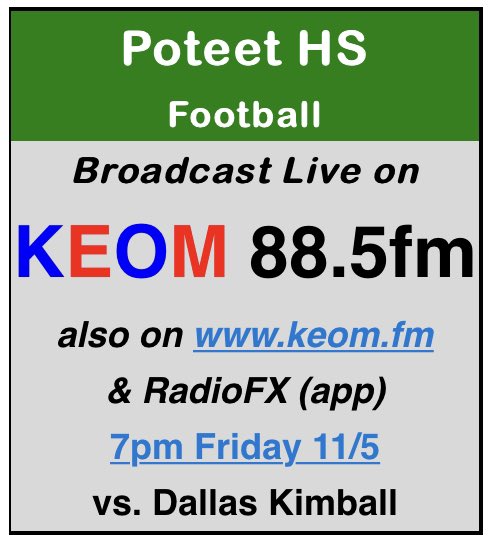 RalphHPoteetHS's tweet photo. Poteet Pirate football will be broadcast live on KEOM 88.5 FM this Friday vs Dallas Kimball! Tune in or come out to Memorial Stadium (Mesquite, Texas) and support our Pirates for Senior Night! #poteetstrong https://t.co/4BapTpIYCb