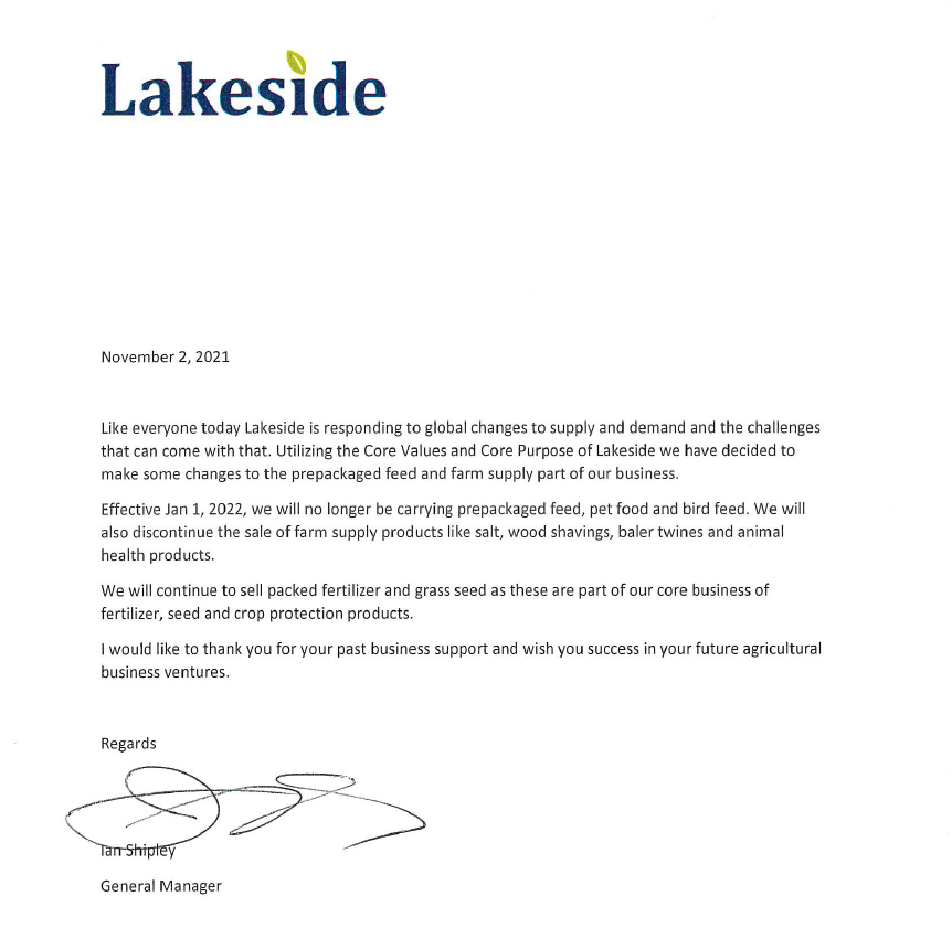 Please see below for the announcement regarding prepackaged feed & farm supply from Lakeside