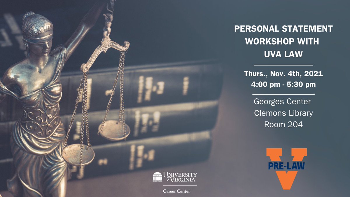There is still time to register for tomorrow's Personal Statement workshop! UVA Law will present for the first hour. Then, Career Center staff along with Writing Center staff will help you craft your personal statement. Reserve your spot now: virginia.joinhandshake.com/events/882013/…