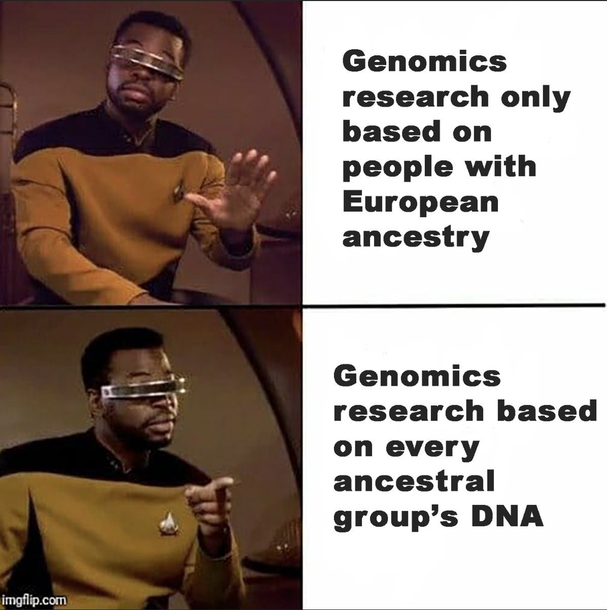 genome_gov's tweet image. Until now, genomics research has been mostly based on people with European ancestry. But that is just one ancestral group! Research should be based on everyone’s DNA! go.usa.gov/xegsq