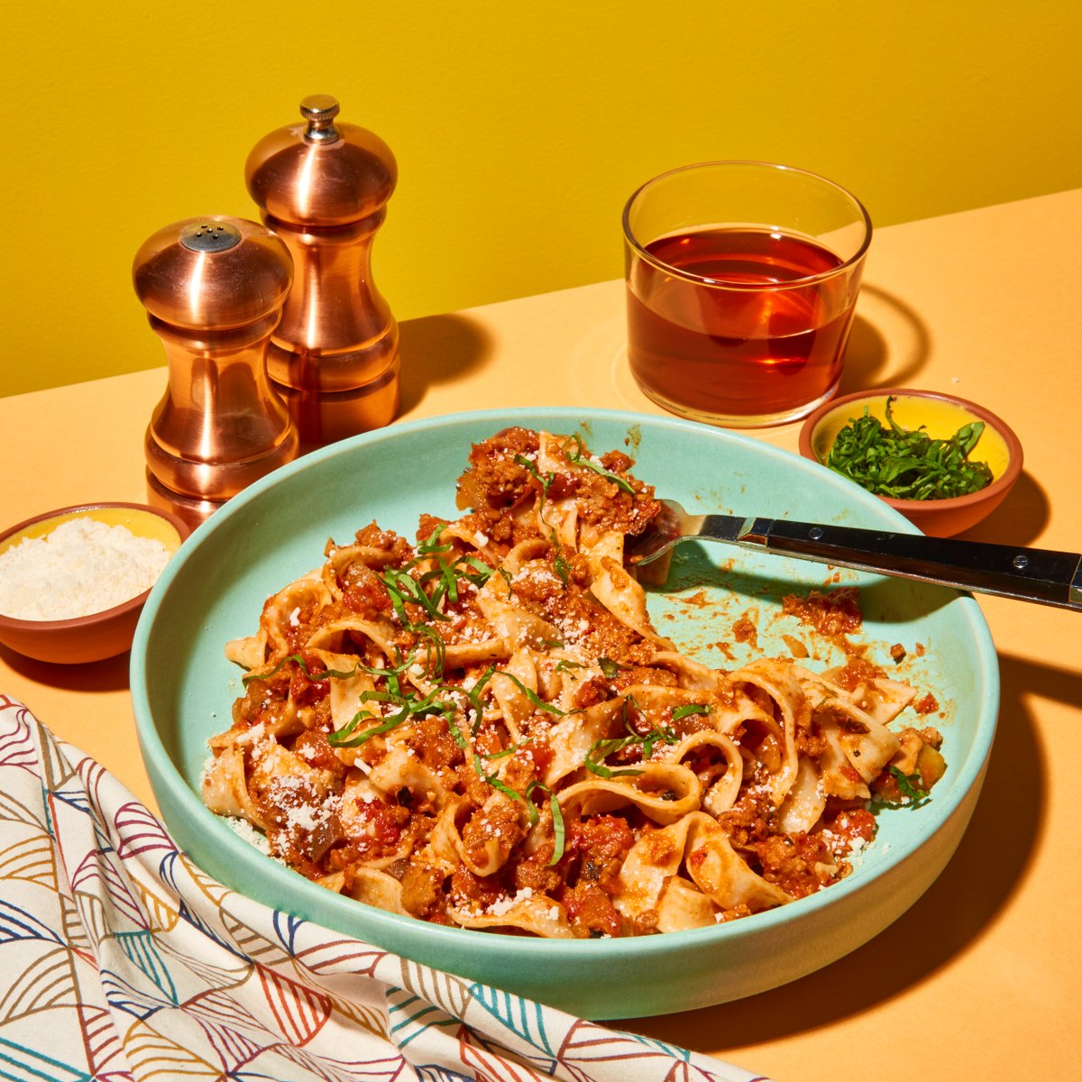 Me pretending to be the host of a new cooking show..."The Perfect Pasta Bolognese Pan-seared Perfect Plant-Based Ground crumbles are slow-cooked in a rich tomato gravy made with carrots, onions, celery, and white wine over a bed of tagliatelle."  😏  😋