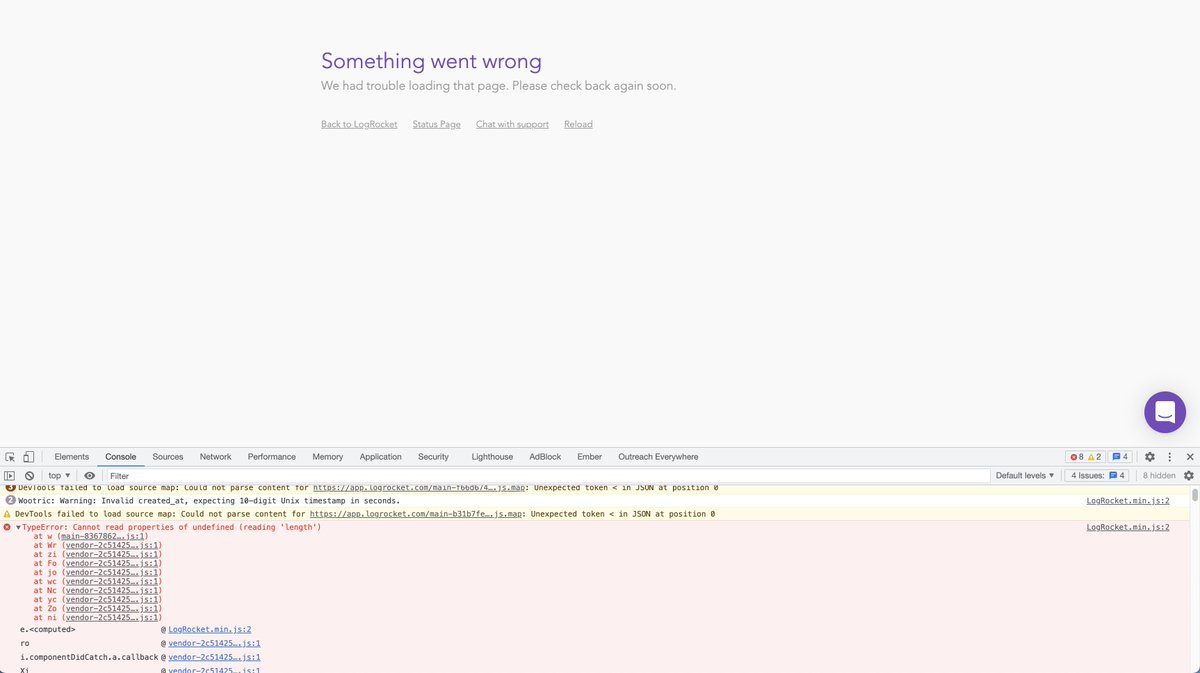 sivillo's tweet photo. @LogRocket any idea on a fix?  We can't access the app at all. https://t.co/4Ir3v9iOam