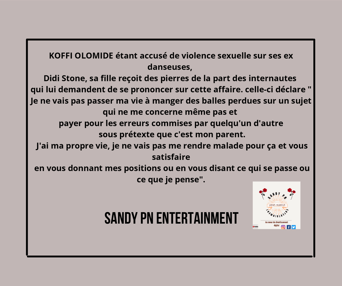 EntertainmentPn's tweet photo. Que pensez-vous de la réaction de Didi Stone face à la situation de son papa Koffi olomide?
#proceskoffiolomide
#didistone https://t.co/GTJGiYugIk