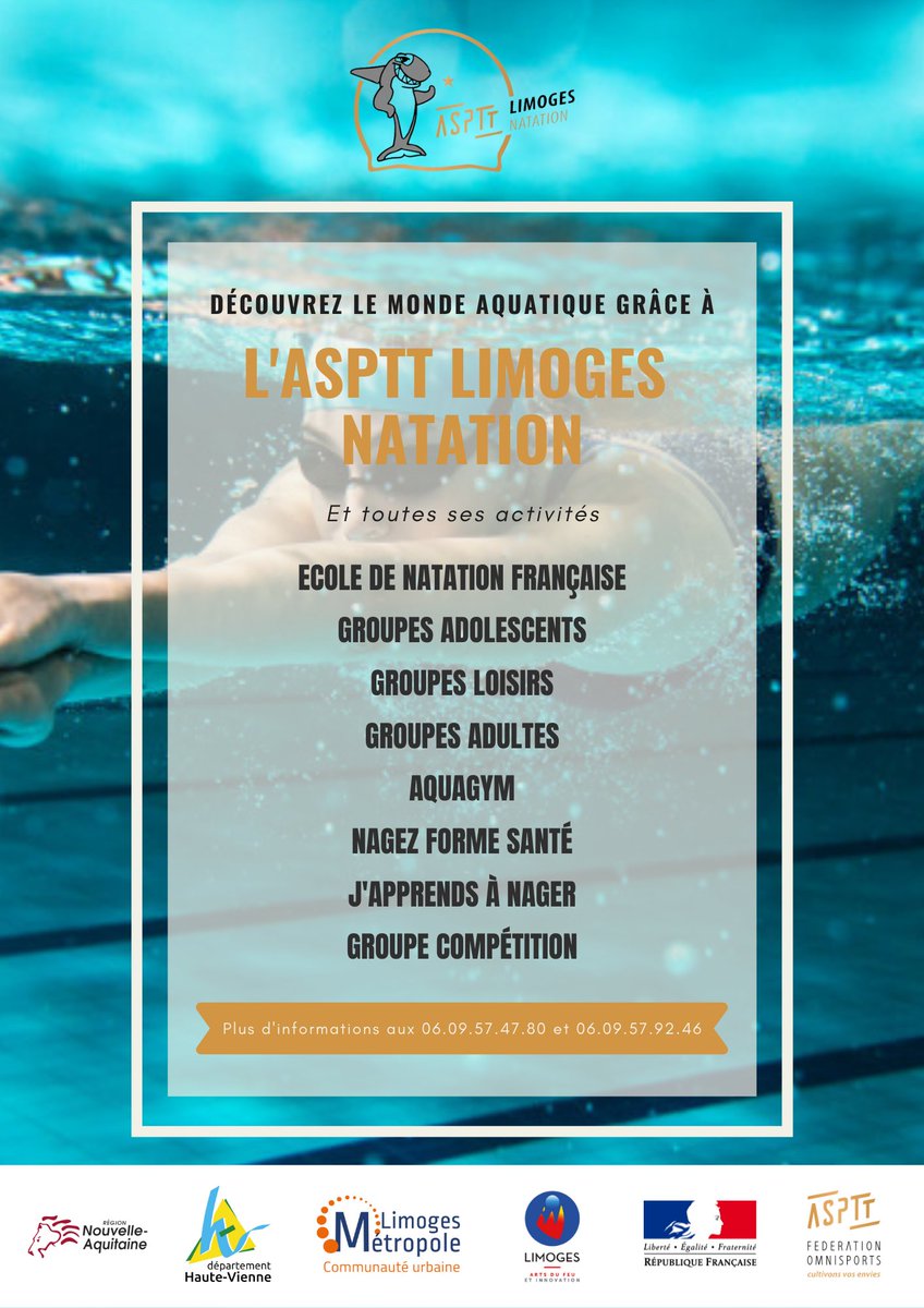 Il n'est jamais trop tard pour découvrir le monde aquatique. 

L'ASPTT Limoges Natation vous propose plusieurs activités pour tous les âges et tous les niveaux !

N'attendez plus 🏊‍♀️