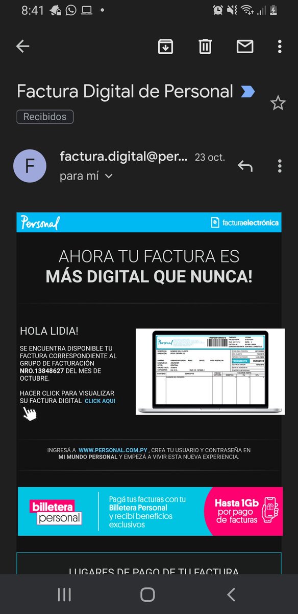 jpcheche's tweet photo. @personalpy A mi correo llegan facturas y en ña suc de palma ya pedi y supuestamente ya me.pusieron como usuario me.pueden dar una.solucion https://t.co/CIzhfxroz7