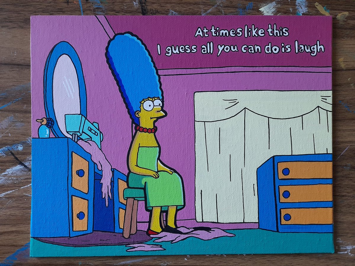Benziequeen's tweet photo. At times like this I guess all you can do is laugh. Marge simpson qoute acrylic painting on 8"x10" canvas board
#simpsons #thesimpsons #homersimpson #margesimpson #bartsimpson #maggiesimpson #lisasimpson #simpsonfamily #simpsoncartoon #cartoon #cartoonart https://t.co/QLTLMRHNy1