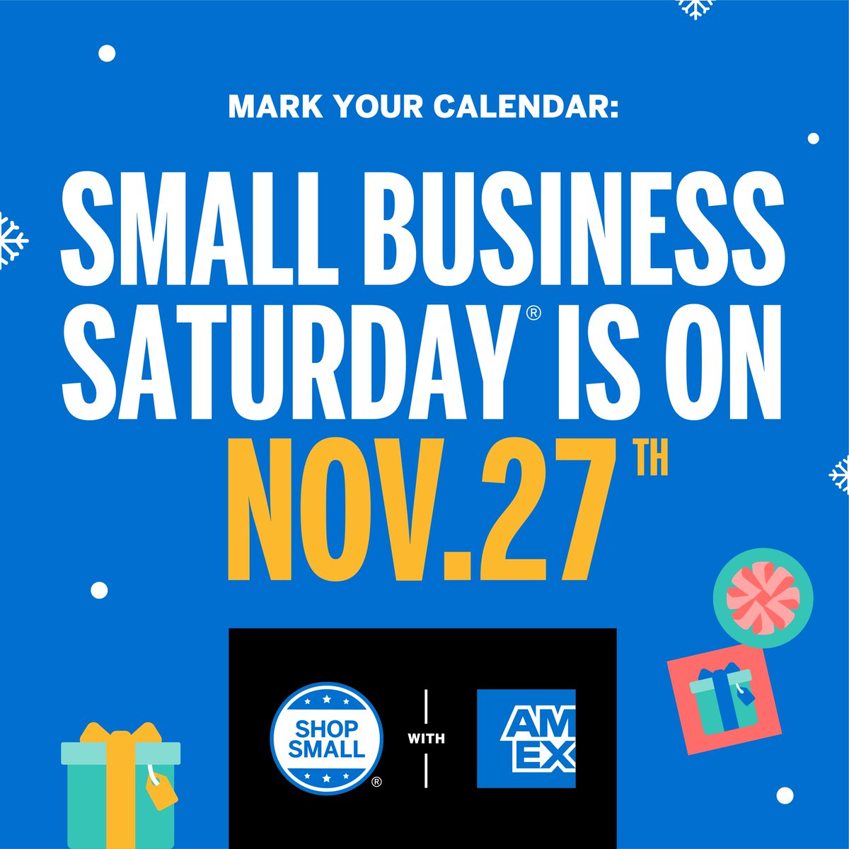 Small Business Saturday® is quickly approaching, so save the date to #ShopSmall with us on November 27th. Or any day before or after. <a href="/AmericanExpress/">American Express</a>