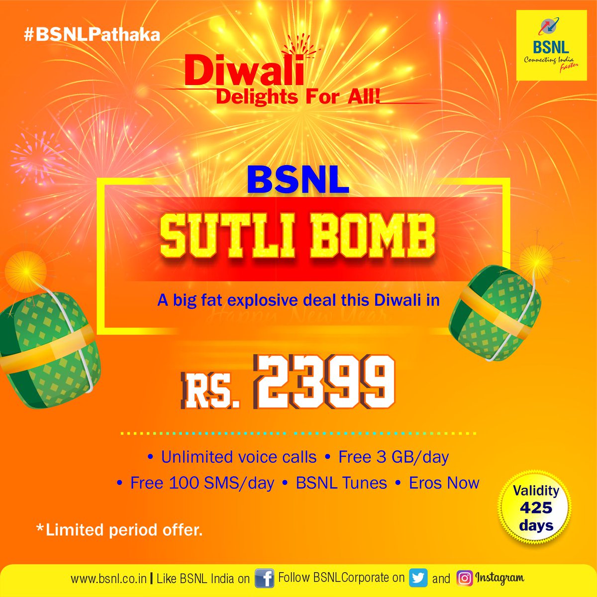 BSNL_KL's tweet photo. A big and explosive deal by #BSNL this #Diwali. Avail this #Pathaka offer and a Happy and Safe Diwali!
#BSNLPathaka #DiwaliOffer #BSNL2399 #BSNLTunes #ErosNow https://t.co/3YVFypQaY5