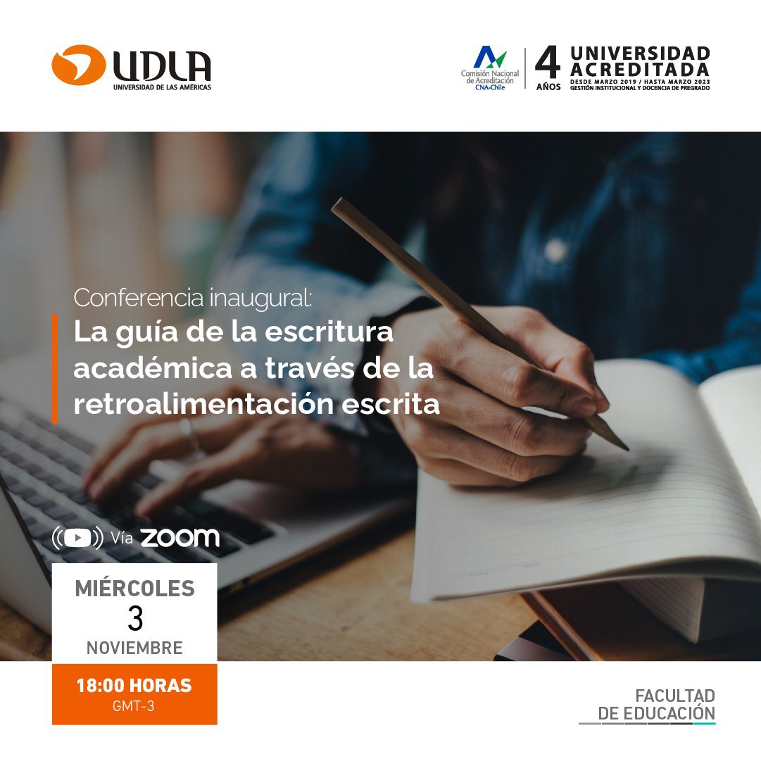 HOY 18 hrs: Invitados a conferencia inaugural <a href="/MDUUDLA/">MDU-UDLA</a> “Guia de la escritura académica a través de la retroalimentación escrita”. <a href="/FeduUdla/">Facultad de Educación UDLA</a> <a href="/UDLA_CL/">UDLAChile</a> 
Inscripción: udla.zoom.us/meeting/regist…