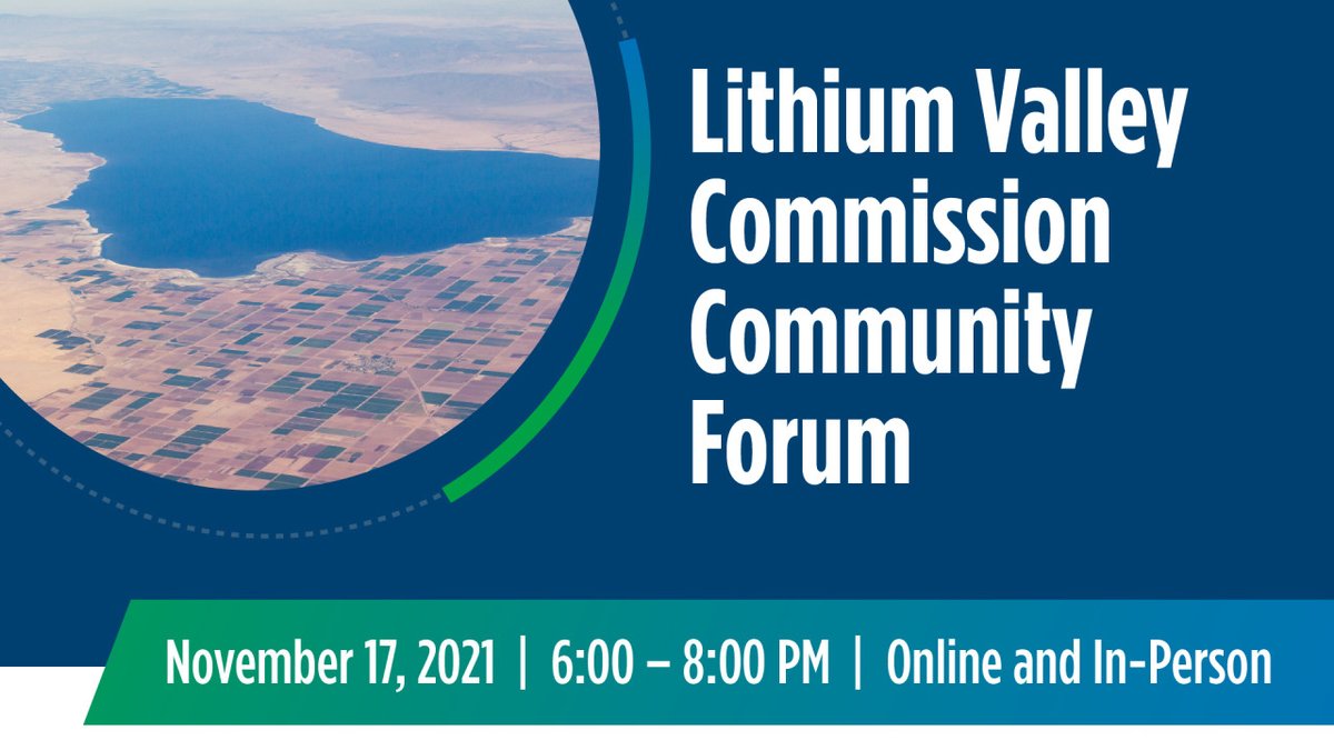Join the #LithiumValley Commission, @AsmEGarciaAD56, state &amp; local leaders for a community forum on lithium recovery from geothermal brine in the #SaltonSea region.

Share your thoughts about what matters most to you &amp; your community.  

More info: bit.ly/3GXEe9Y