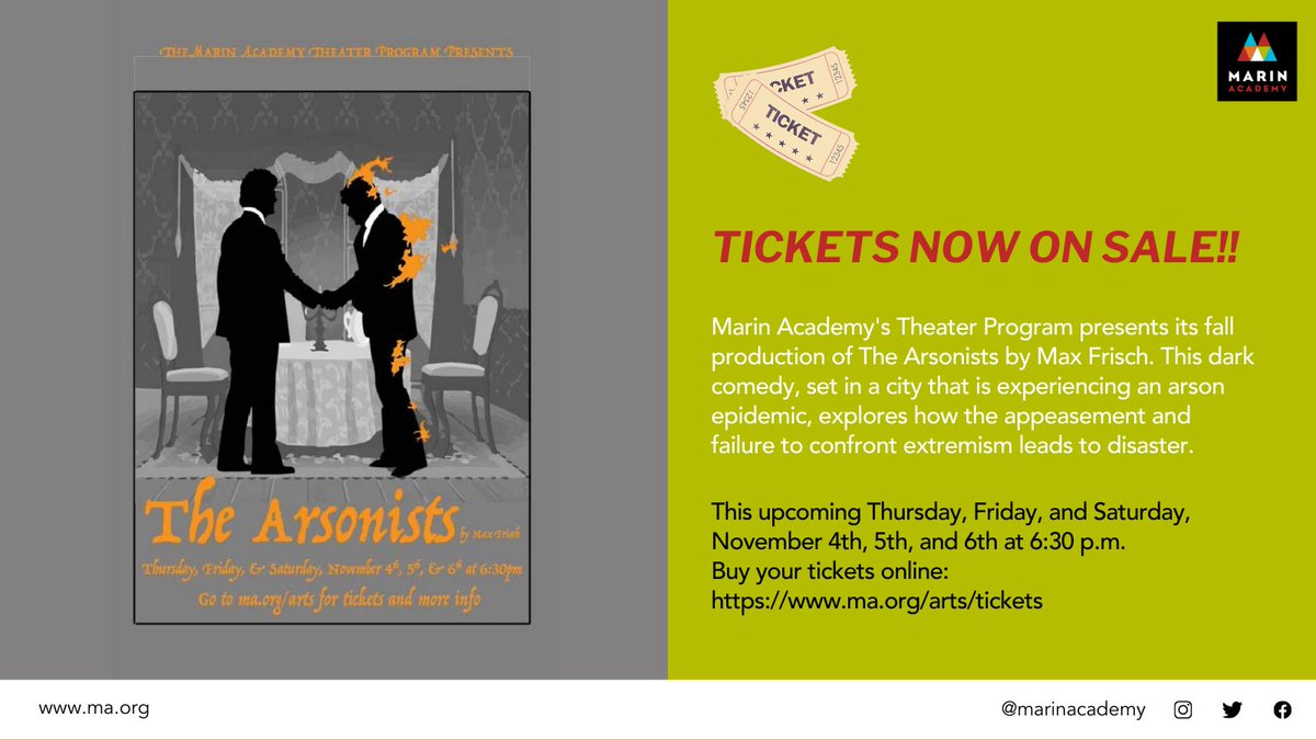 marinacademy's tweet photo. We are excited to announce our first live theater performance in over a year! Come see The Arsonists this Thursday, Friday & Saturday at MA!
Grab your ticket: https://t.co/IKALNmZS3l
#theaterlife #studentactor #performingarts #bayareatheater https://t.co/MllZ9SaZq1