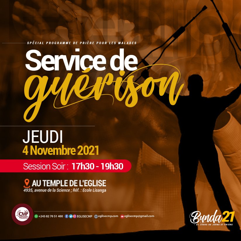 #Bunda21 | Service de guérison.

Ce Jeudi 04 novembre, durant notre session du Soir, nous aurons un Service de Guérison. Nous prierons pour les malades et nous croyons  fermement que Yahweh Rapha fera de grandes choses.

Que Dieu nous bénisse !

#BUNDA21  #B21 #Eglisecmp