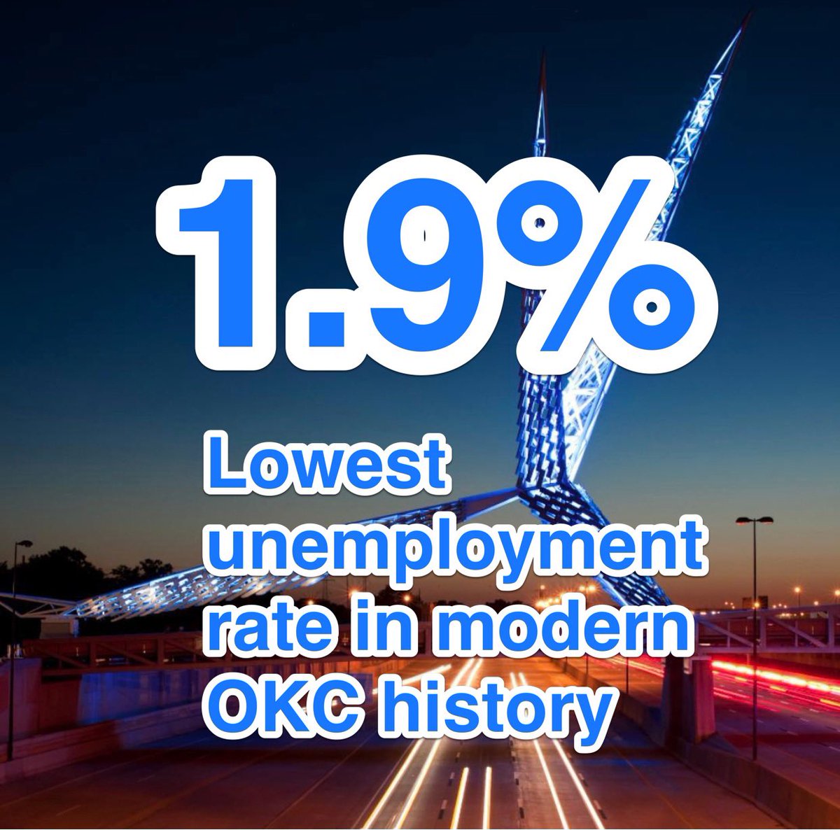 BREAKING: We have just received the new unemployment statistics from the U.S. Bureau of Labor Statistics.  Oklahoma City’s unemployment rate is now 1.9 percent, the lowest rate in modern Oklahoma City history. 

(Thread)