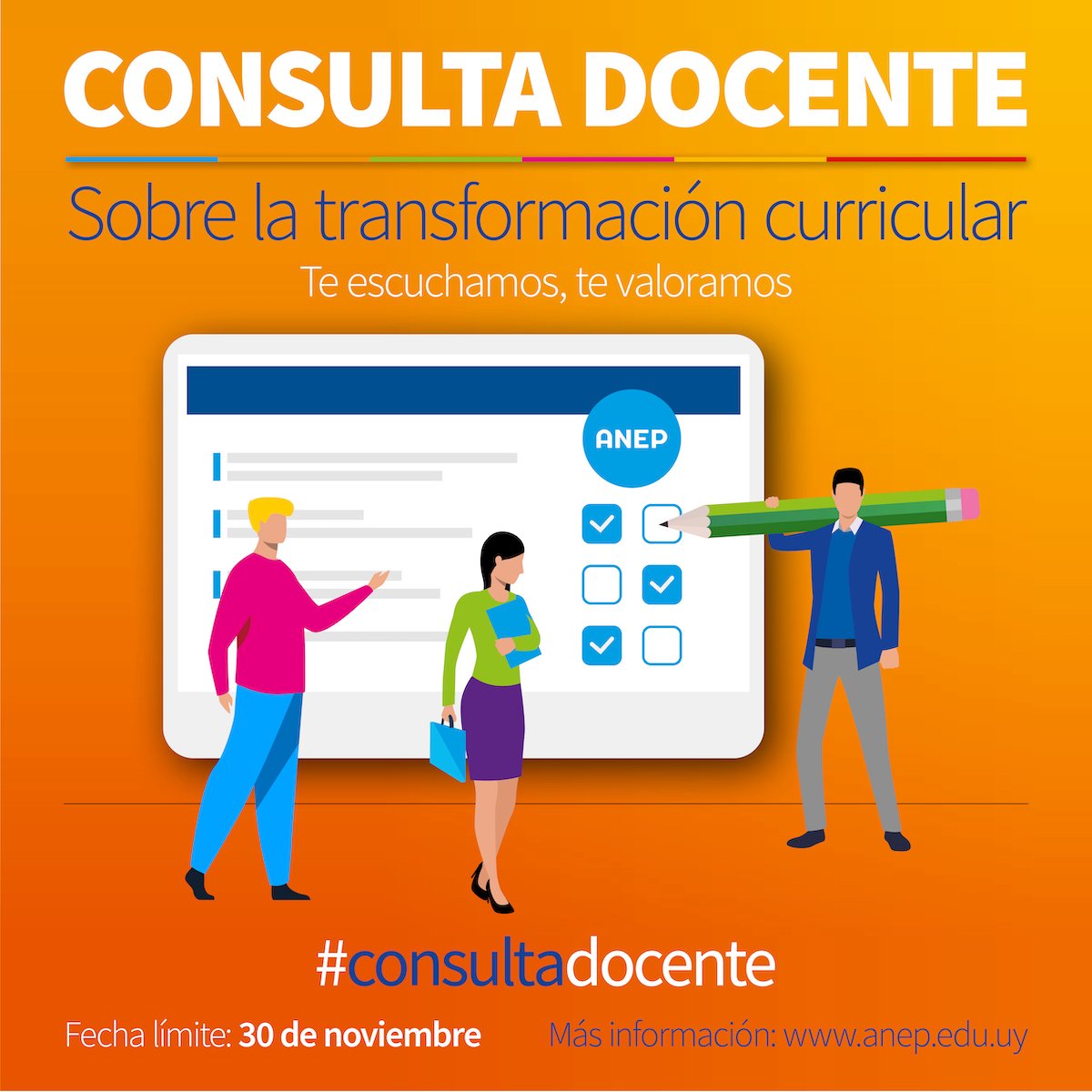 La ANEP lanzó una “Consulta Pública a Docentes sobre la Transformación Curricular” 
con el propósito de recoger opiniones sobre diversos aspectos de la transformación curricular como parte de un proceso amplio de participación e intercambio
⬇️ información
anep.edu.uy/destacada-1/do…