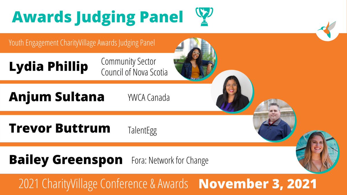 Much appreciation to the judging panel for our youth engagement awards, including Lydia Phillip from @csc_ns, Bailey Greenspon from <a href="/foranetwork/">Fora: Network for Change (formerly G(irls)20)</a>, <a href="/AnjumSultana/">Anjum Sultana (She/Her)</a> of <a href="/YWCA_Canada/">YWCA Canada</a> &amp; Trevor Buttrum of <a href="/TalentEgg/">TalentEgg.ca</a>. #CVConference