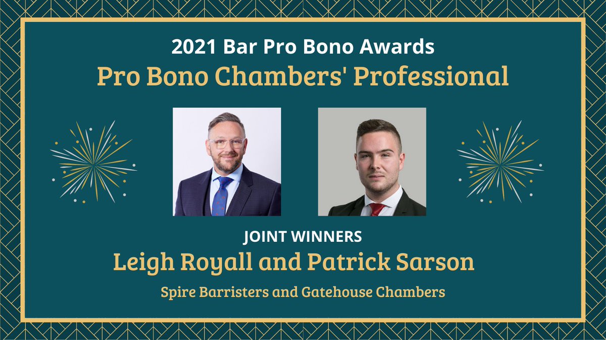 It was simply too hard to choose just one winner for Pro Bono Chambers Professional of the Year so the judges chose two! 

Congratulations <a href="/BillyTheClerk/">Leigh Royall</a> from <a href="/SpireBarristers/">Spire Barristers</a> and Patrick Sarson from <a href="/gatehouse_law/">Gatehouse Chambers</a> 👏🏻👏🏻👏🏻

#BarProBonoAwards