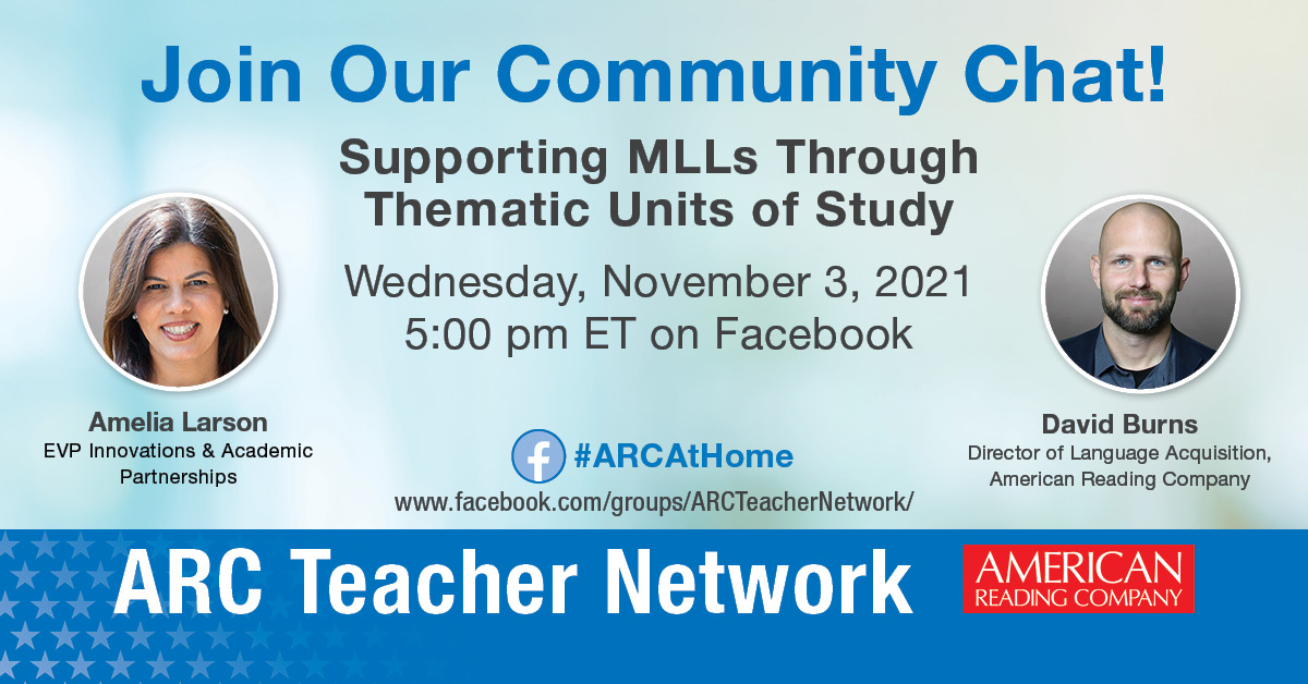 American Reading (@americanreading) on Twitter photo Countdown begins! ⏰
Join our VP of Innovation <a href="/ameliadgvl/">Amelia Van Name Larson ☮️ CAO</a> & David Burns, Director of Language Acquisition this Wed Nov 3 at 5 pm ET on the ARC Teacher Network for a conversation on "Supporting MLLs Through Thematic Units of Study."
#ARCCore
bddy.me/3CDQYzT Countdown begins! ⏰
Join our VP of Innovation <a href="/ameliadgvl/">Amelia Van Name Larson ☮️ CAO</a> & David Burns, Director of Language Acquisition this Wed Nov 3 at 5 pm ET on the ARC Teacher Network for a conversation on "Supporting MLLs Through Thematic Units of Study."
#ARCCore
bddy.me/3CDQYzT