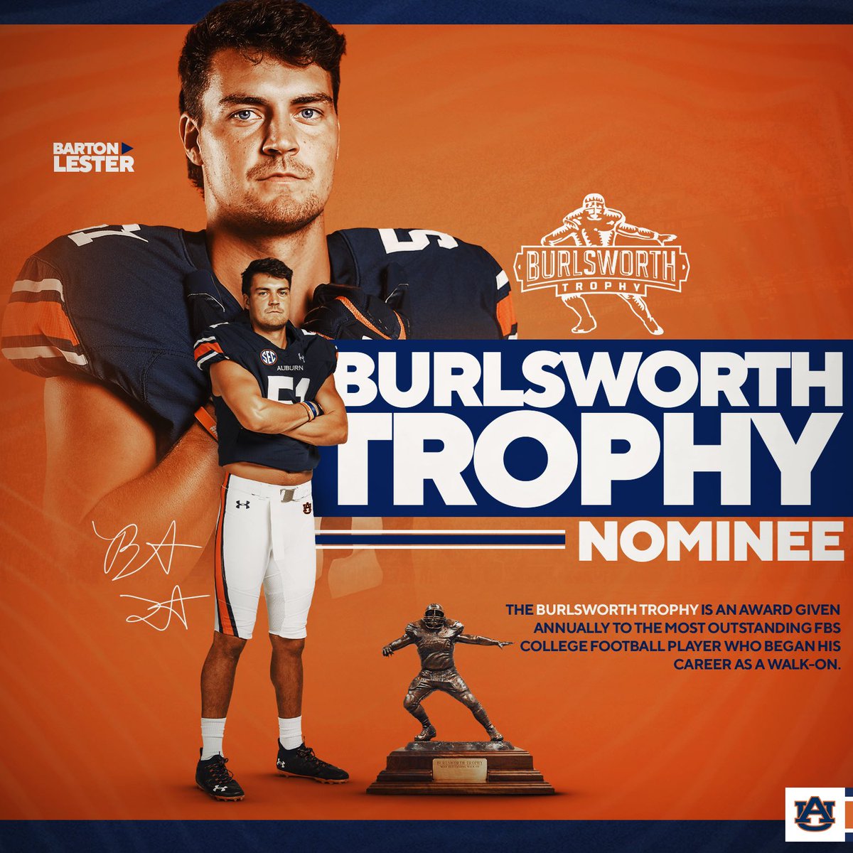 AuburnFootball's tweet photo. 𝐁𝐮𝐫𝐥𝐬𝐰𝐨𝐫𝐭𝐡 𝐓𝐫𝐨𝐩𝐡𝐲 𝐍𝐨𝐦𝐢𝐧𝐞𝐞 🏆

▶️ @BartonLester1 

#WarEagle | #AuburnMade https://t.co/fvPJZzROwf