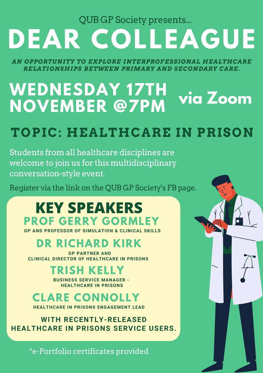 QUBGPSociety's tweet photo. Dear Colleague - Healthcare in Prison๐ฅผ
๐Wednesday 17th November at 7PM
๐Zoom
๐Register now via MedAll -https://t.co/KAnMRf952V
โน๏ธ Facebook event page-https://t.co/QrUKwD3FL9
@DrGerryG @rtkirky @rcgp_ni @QUBMedEd #discovergp https://t.co/cFM05hxqA2