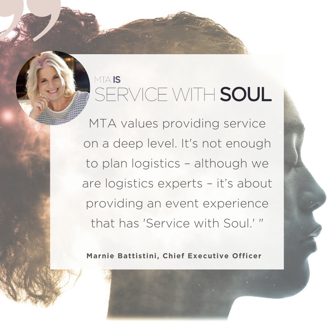 millertanner's tweet photo. CEO Marnie Miller Battistini shares how she defines MTA's core value, #ServicewithSoul. "MTA values providing service on a deep level.  It's not enough to plan logistics – although we are logistics experts – it’s about providing an event experience that has 'Service with Soul.'" https://t.co/gvMMtvNHyc