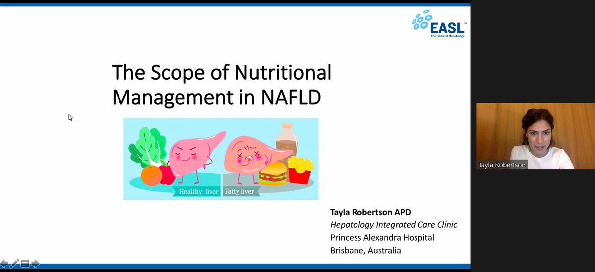 EASLnews's tweet photo. LIVE from Australia, here is Tayla Robertson presenting on "The scope of nutritional management in #NAFLD"
@liverphysio @KuePatrizia @livernursing
Live tweeting from the #EASLwebinar Management of NAFLD โ Integration of different perspectives webinar. https://t.co/QyDq2jqckl