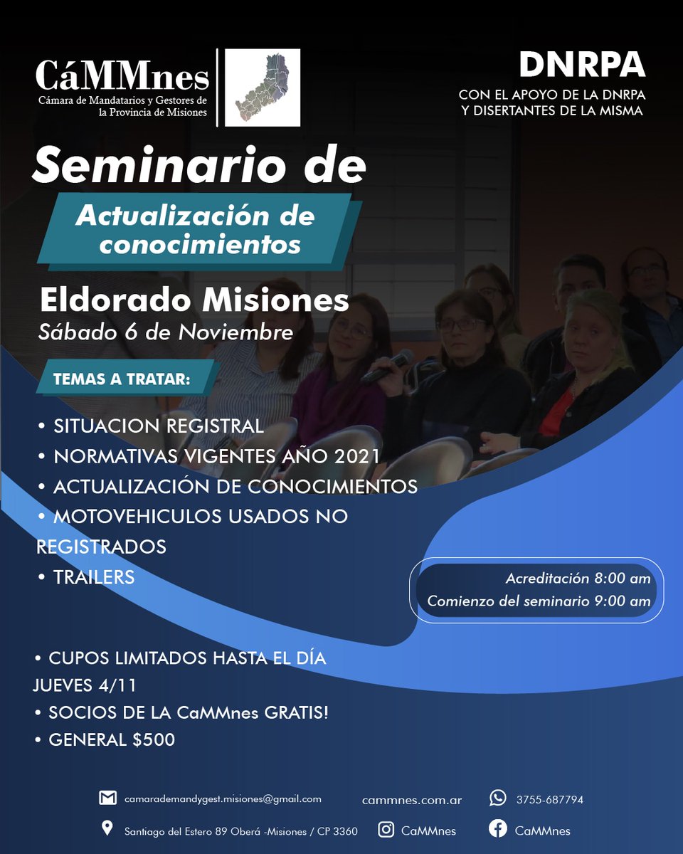 RobertDelgado21's tweet photo. Sábado 6 de Noviembre Eldorado.
La CaMMnes y la Dirección Nacional de Registros del Automotor dicta un Seminario de Actualización de Conocimientos
*Nuevas normativa
*Motos no registradas
*Trailers
#CaMMnes
@Republica99
@GestoriaObera https://t.co/MdgpzC90Yn