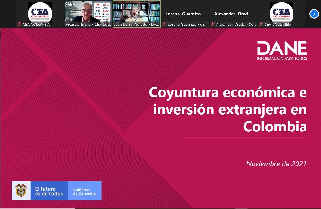 CEAColombia's tweet photo. #EventosCEA | #AEstaHora estamos con el Director del @DANE_Colombia, @jdoviedoa, en dónde estamos hablando sobre perspectivas económicas. https://t.co/GhhF4t5rCD