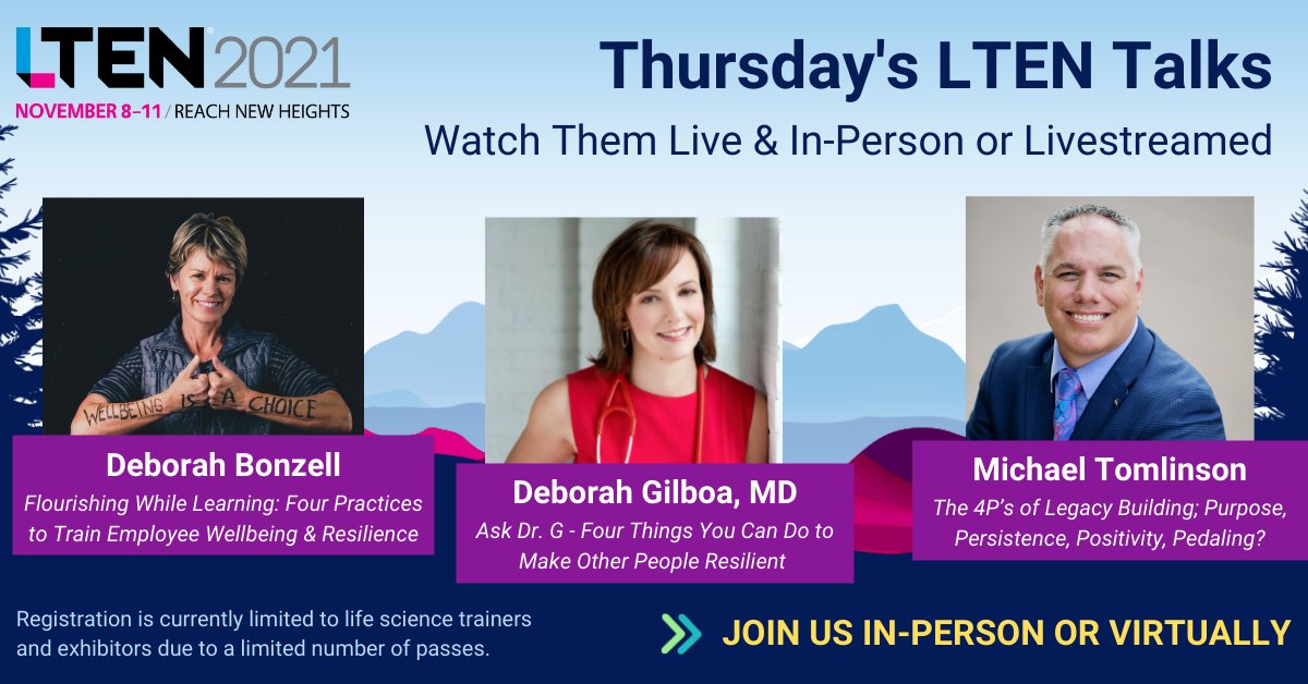 yourLTEN's tweet photo. 🌟 Deborah Bonzell, Wellbeing Revolutionary.
🌟@AskDocG, Resilience expert.
🌟@Intensityceo, An LTEN member &amp; is this year's field trainer scholarship recipient. 

That's the #LTENTalks lineup next week at #LTEN2021! 

Got your passes yet?
https://t.co/Xy4KdWjik4 https://t.co/7IDoJe7rgH